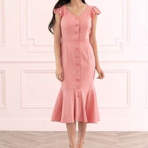 Rachel Parcell Pink linen blend button down midi ruffle hem dress size XL